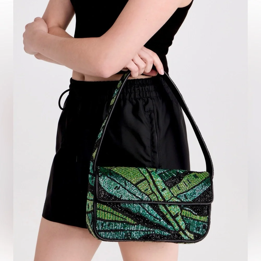 🌺🎉HP🎉🌺 NWOT Staud Beaded Tommy Shoulder Bag Green Palms  🌟 Rare Find 🌟 - Picture 10 of 16